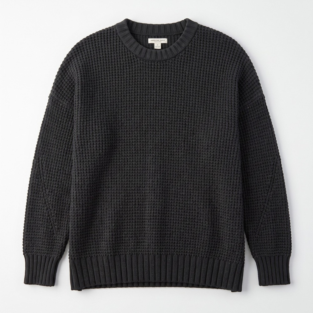 American Eagle XL Black Waffle Knit Crewneck Sweater Womens Casual Cozy